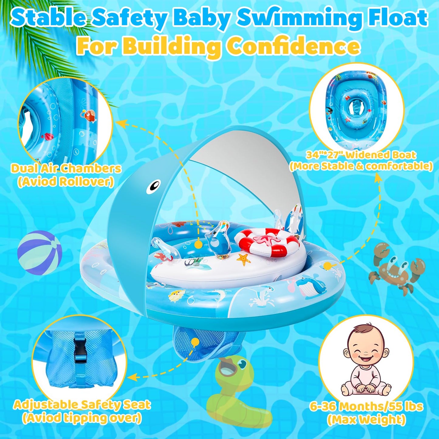GleamJoy Baby Pool Float with UPF50+ Sun Protection Canopy, Inflatable Swimming Float for Baby 6-36 Months