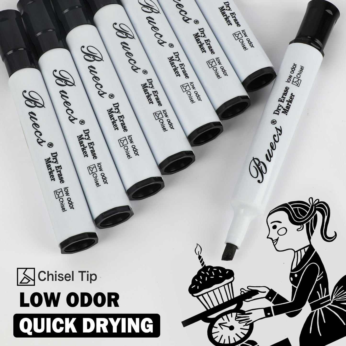 Buecs Black Dry Erase Markers, Low-Odor, 80 Count, Chisel tip, Perfect for Writing on Whiteboards, Dry-Erase Boards, Glass, Office Supplies