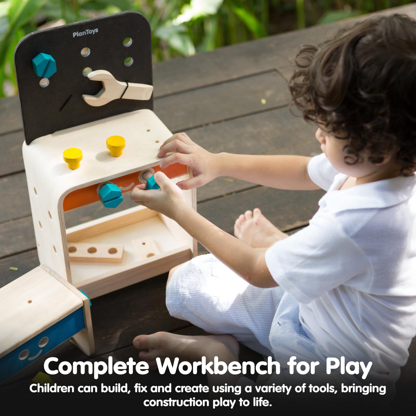 PlanToys® Wooden Tool Bench for Kids | Pretend Play Construction Toy with Tools & Accessories | Educational STEM Toy for Toddlers | Montessori Fine Motor Skills Workbench Playset