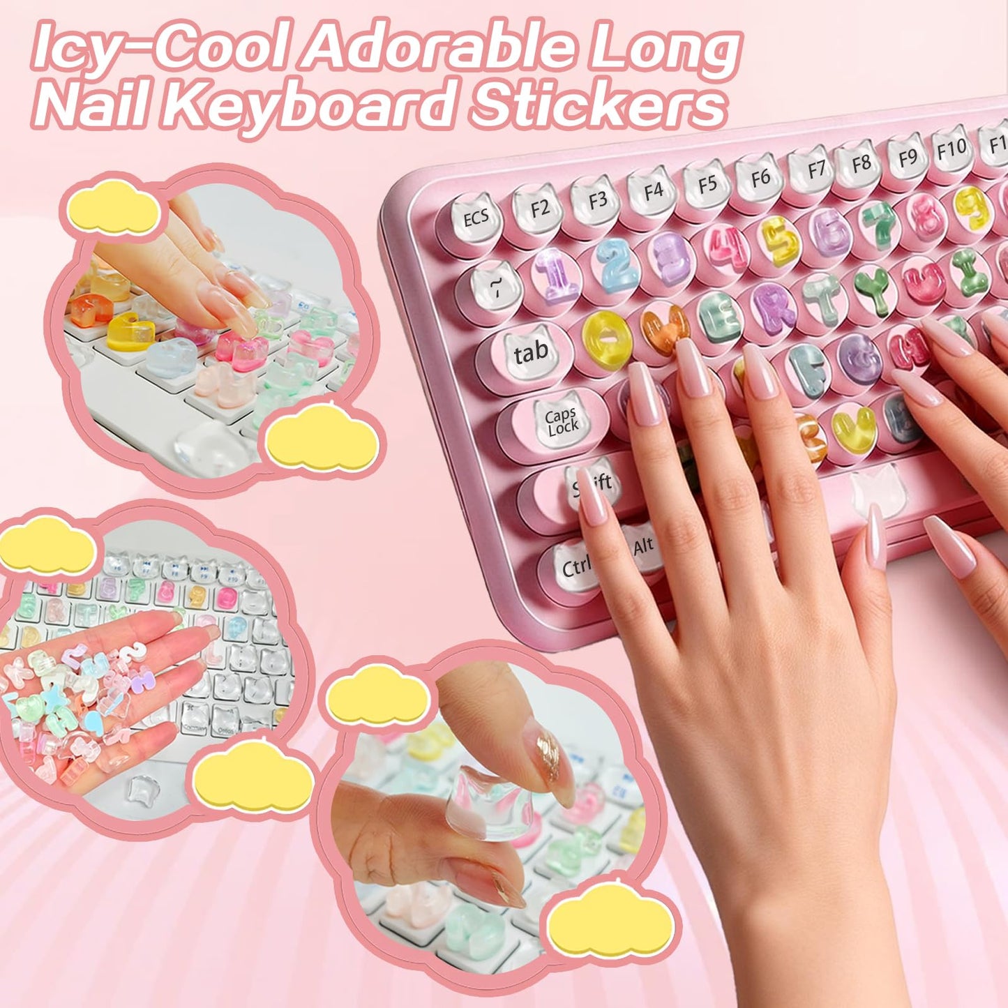 105PCS Keyboard Nail Bubbles - Macaron Ice-Transparent Buttons, Cute Bear Heads, Non-Toxic Odorless, Solve Typing Inaccuracy for Office/Daily Use + Cleaning Brush