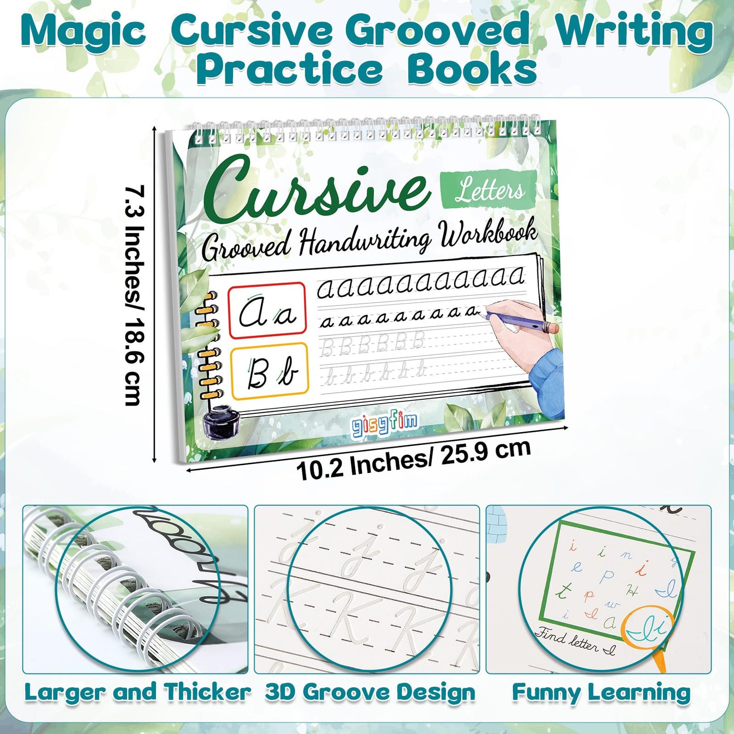 gisgfim Grooved Cursive Handwriting Workbook Magic Reusable Grooved Cursive Handwriting Practice Guided Tracing with Disappearing Ink Pens for Beginners Kids Learning Activities Supplies (Letters)