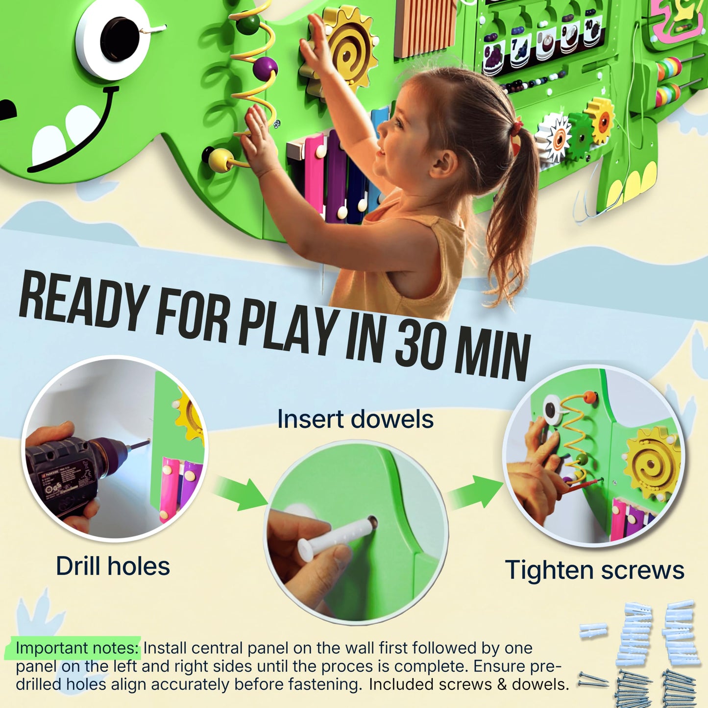 AthomBear Dinosaur Wall Busy Board with 12 Activities - Wall Toys for Toddlers 2,3,4,5 - Sensory Panel Wooden - Montessori Busy Board Learning Activity Center for Playroom and Classroom