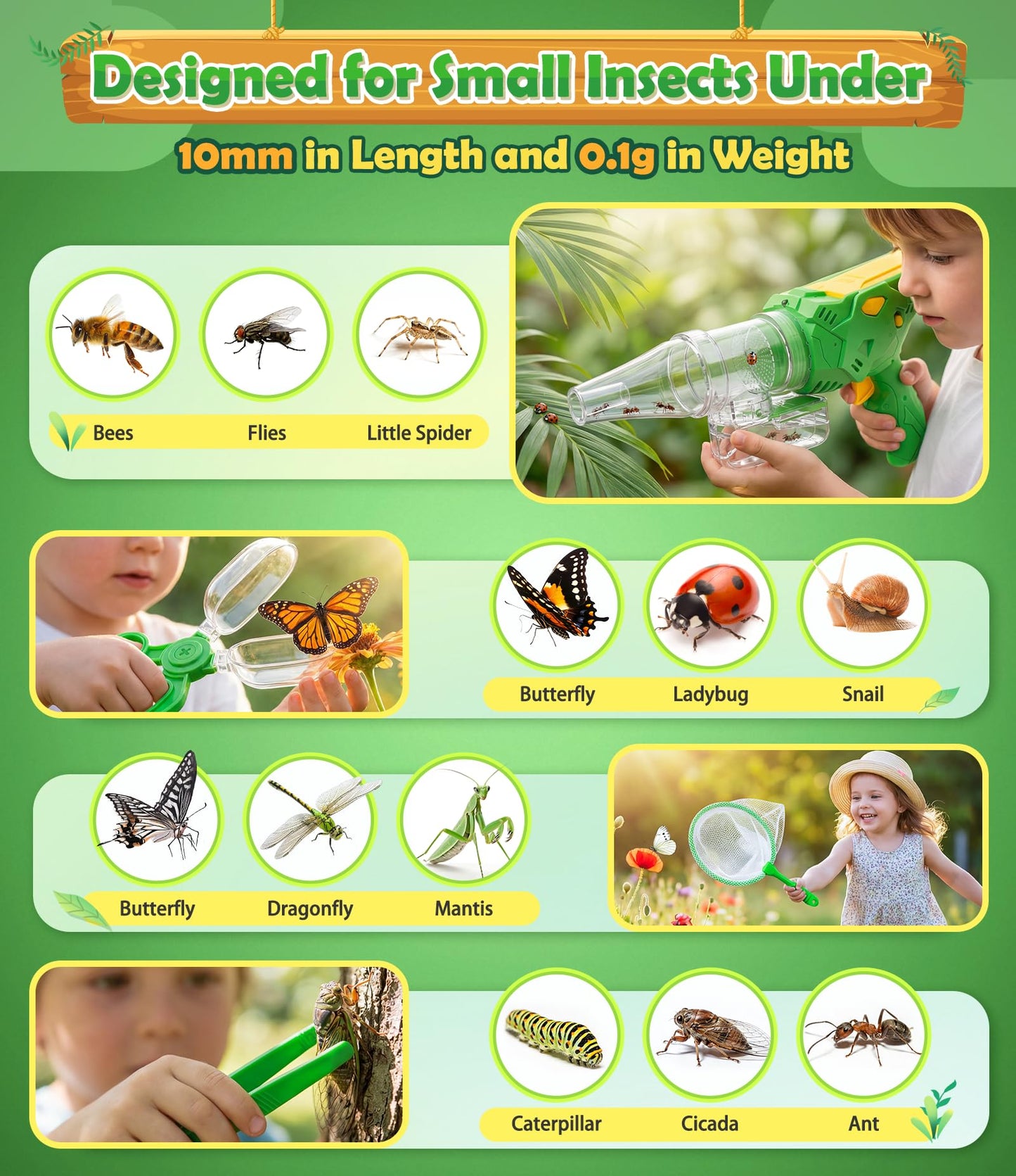 SOLIEHOO Bug Catcher for Kids 3-12, Bug Vacuum Bugs Catching Release Kit, Magnifying Glass Bug Collector Butterfly Net Bugs Grabber Insect Catcher Tweezers, Boys Outside Explorer Toys Birthday Gift