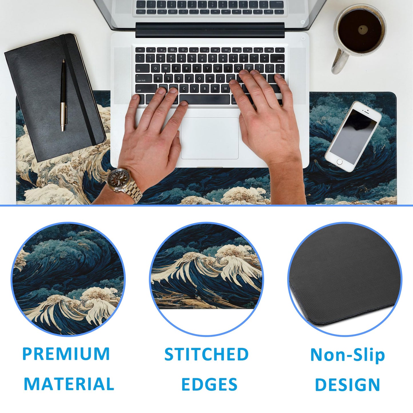EOBKLAX Japanese Ocean Waves Large Gaming Mouse Pad,Waterproof Desk Mat for Desktop,Non-Slip Rubber Base Mousepad with Stitched Edges for Laptop Office and Home 35.4X15.7 Inch