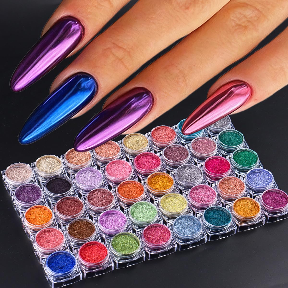 40 Colors Metallic Mirror Chrome Nail Powder Set, Professional Metallic Mirror Pigment with Holographic Shine, Includes Rose Gold Silver Champagne Shades for DIY Nail Art & Salon Manicure