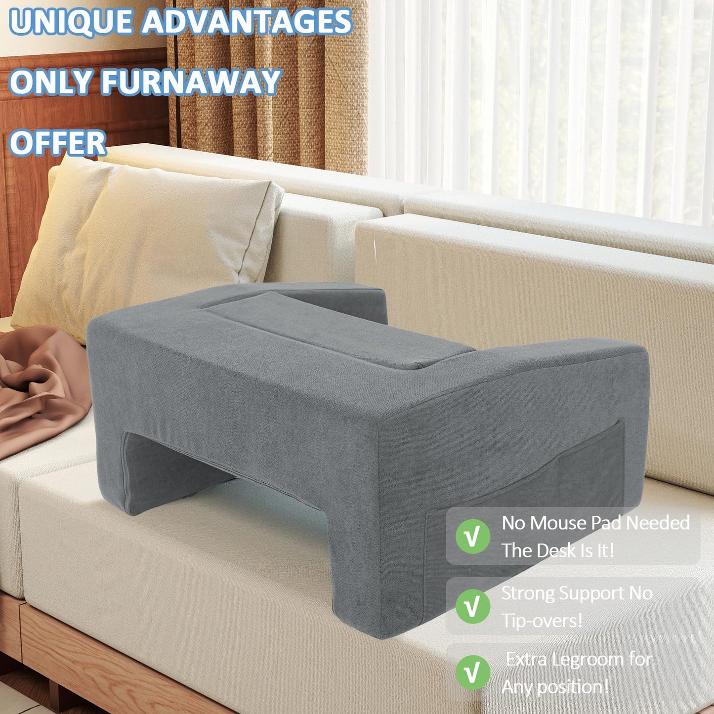 FURNAWAY Lap Desk Pillow with Removable Cover Adjustable Angle Gaming & Machine Washable Reading Pillow for Adults Multipurpose Laptop Bed Tray with Arms for Working
