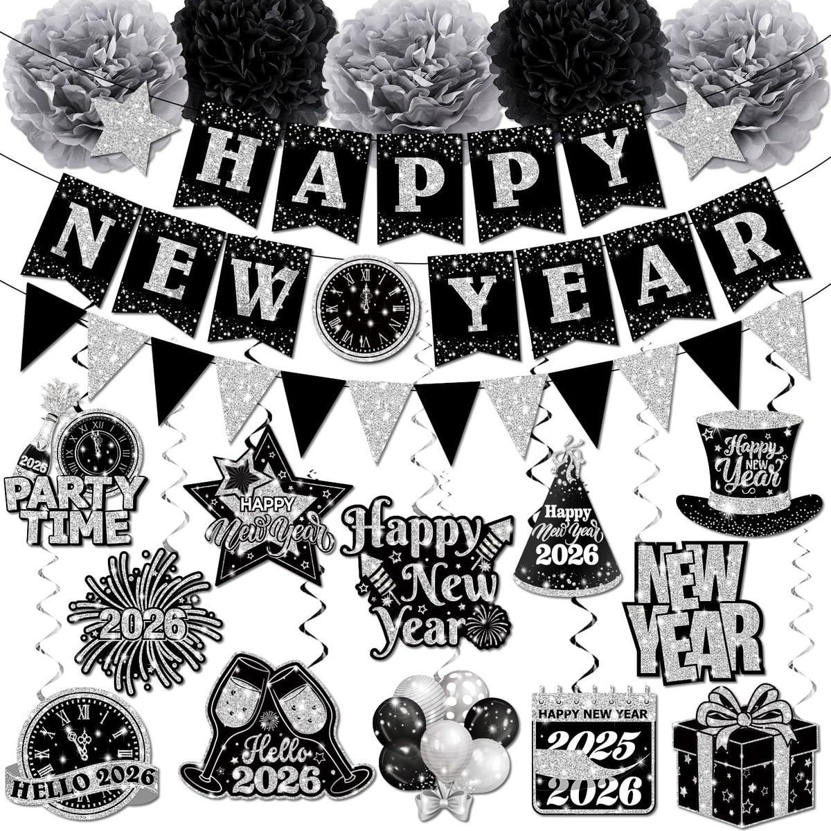 New Years Decorations Hanging Swirls,Black and Silver 2026 New Years Eve Decorations Banner Ceiling Hanging Pom Pom Garland Triangle Flag for Happy New Year Decorations