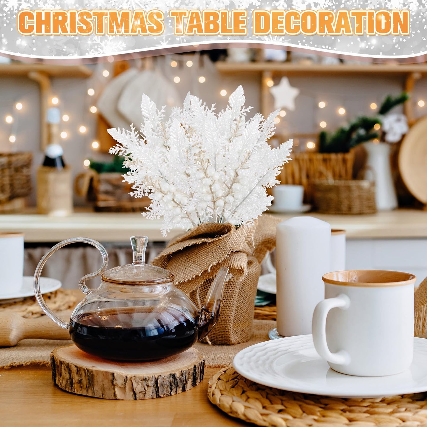 Cindeer 80 Pcs White Christmas Glitter Berries Stems Pine Needles Christmas Artificial Picks Fake Floral Twig Spray for Xmas Tree Ornaments DIY Wreath Garland Decorations