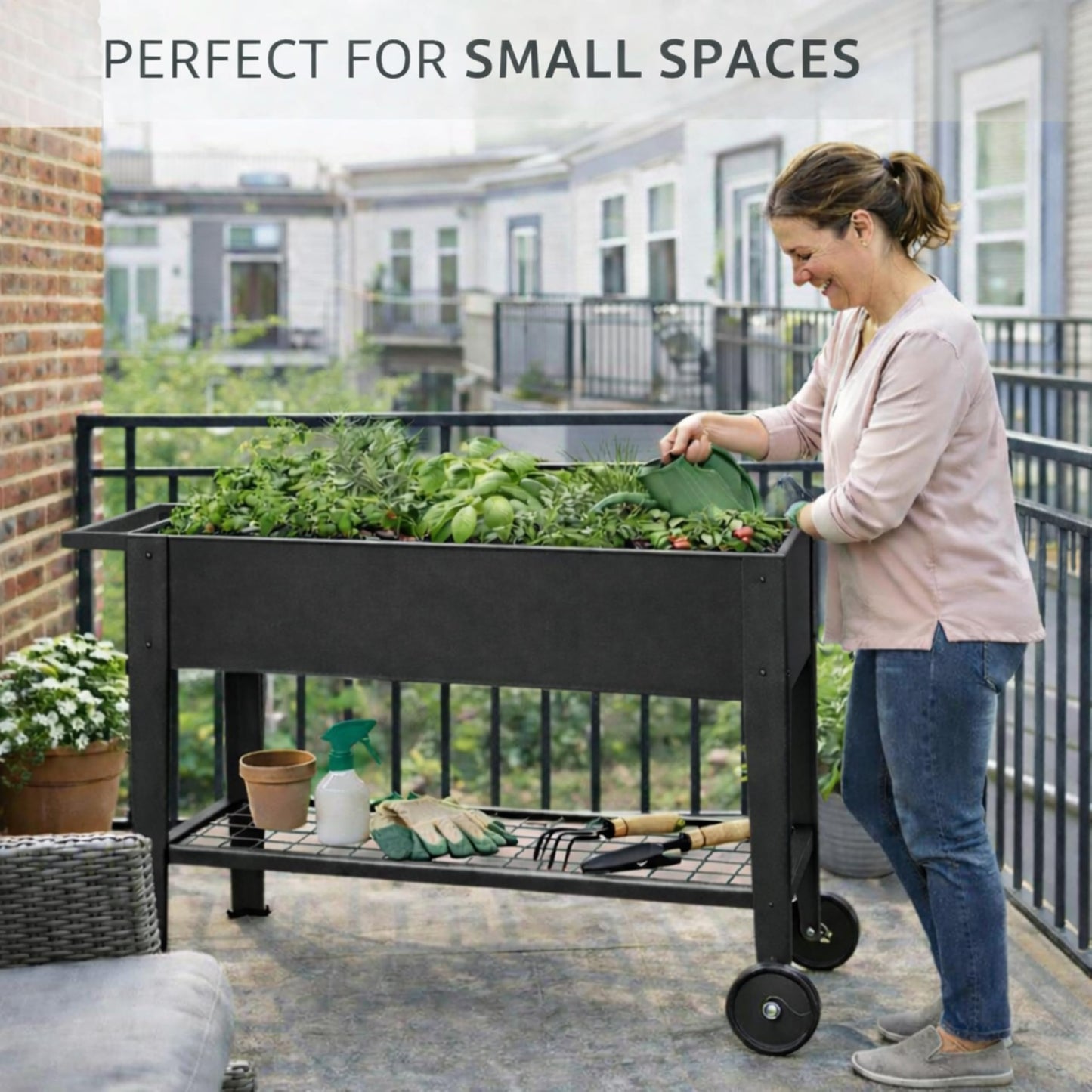 InSideOut Elevated 40" Raised Garden Bed Outdoor with Wheels & Shelf for Mobility, Metal Planter Box for Vegetables/Herbs, Patio-Balcony-Backyard (Charcoal)