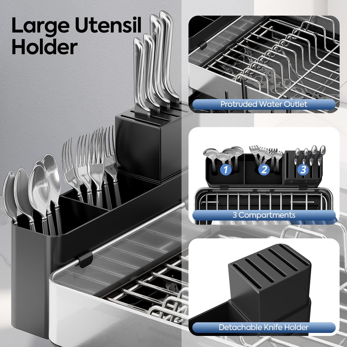Urackify Dish Drying Rack for Kitchen Counter - Stainless Steel Dish Drainer with Drain Board, Removable Utensil Holder, Rust-Proof Plate, Non-Slip Feet, Large Capacity for 10 Plates 6 Bowls 4 Cups