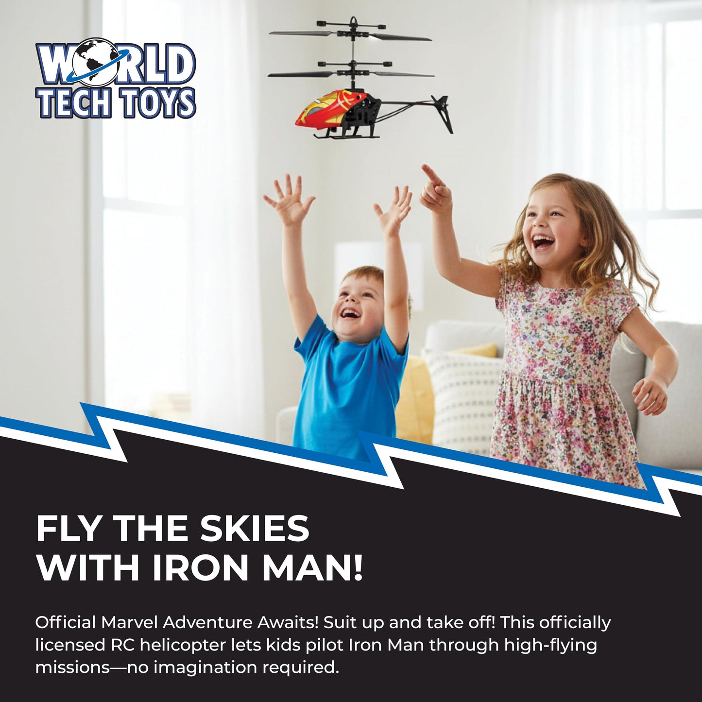 World Tech Toys Marvel Iron Man RC Helicopter – Easy‑Fly Remote Control Helicopter with LED Lights, Durable Body, Coaxial & Rear Rotors – Kids 8+