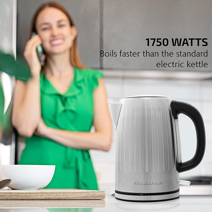 OVENTE Electric Kettle, 1.7L Stainless Steel Fast Boiling Water Heater with 1750W Power, BPA Free & Cordless Body, Auto Shut-Off, Boil-Dry Protection, Indicator Light & Removable Filter, Silver KS711S