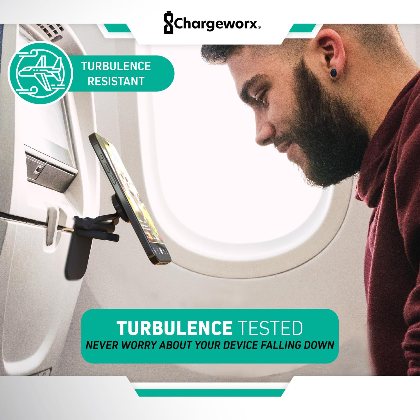 CHARGEWORX in-Flight Magnetic Phone & Tablet Mount for Airplanes, MagSafe-Compatible Travel Phone Holder for Tray Tables, 360° Rotating & 90° Pivoting Airplane Phone Stand with Travel Pouch