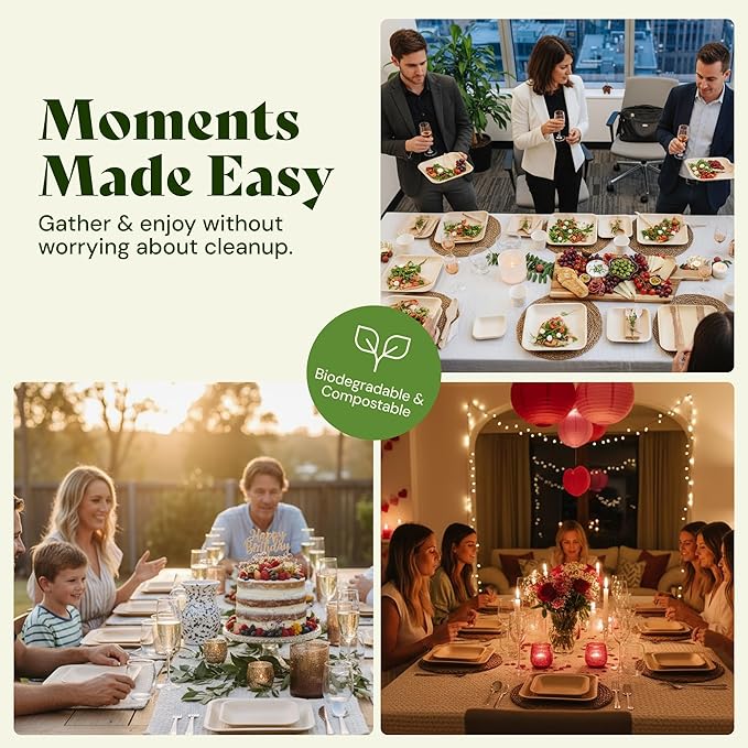 Chic Leaf Palm Leaf Plates 8 Inch - Disposable Bamboo Style Square Dinnerware for Winter Events & Ideal for Romantic Dinner for 2 - Heavy Duty, Compostable Serving Dish for Appetizers & Desser