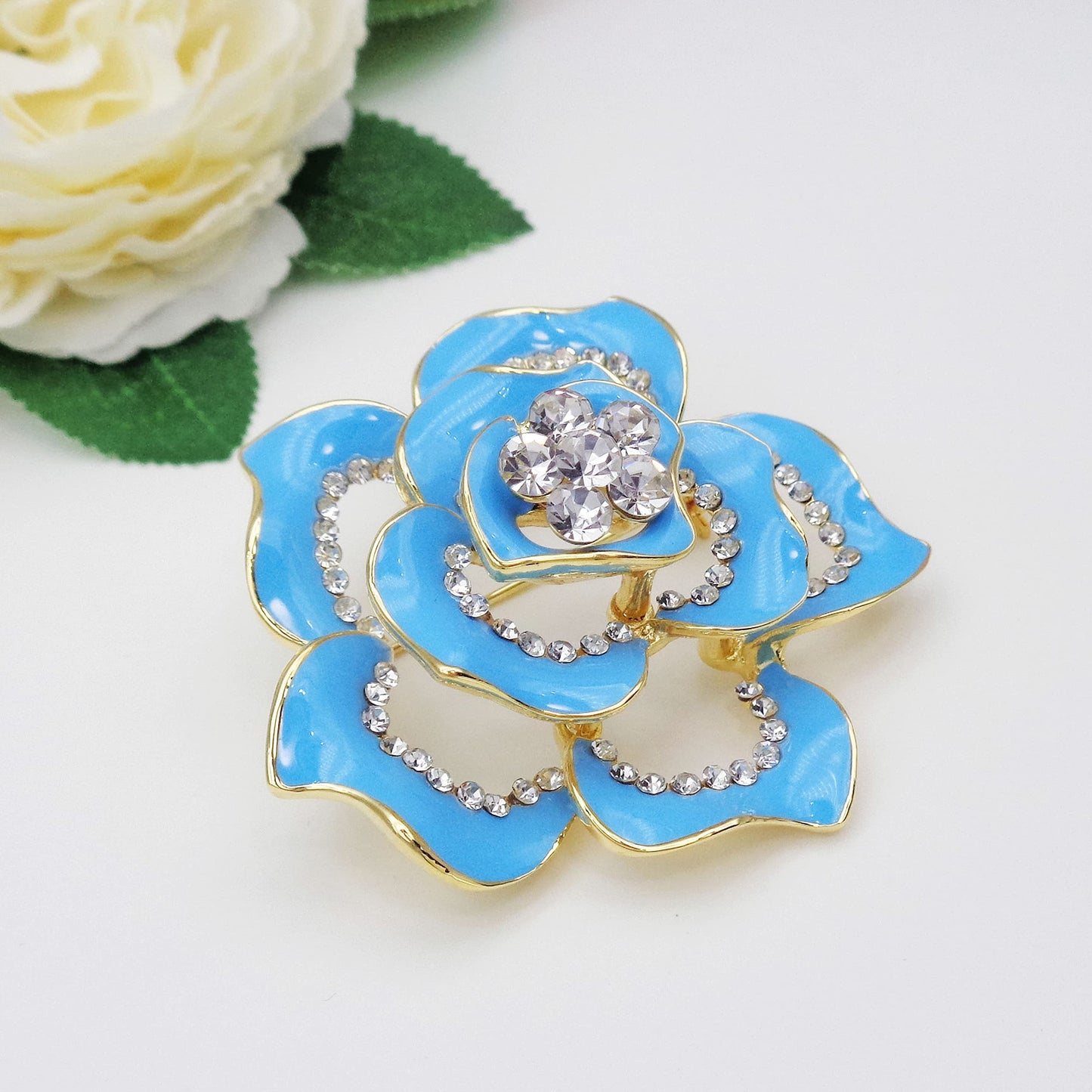 Navachi 18k Gold Plated Clear Crystal Blue Enamel Flower Az8007b Brooch pin