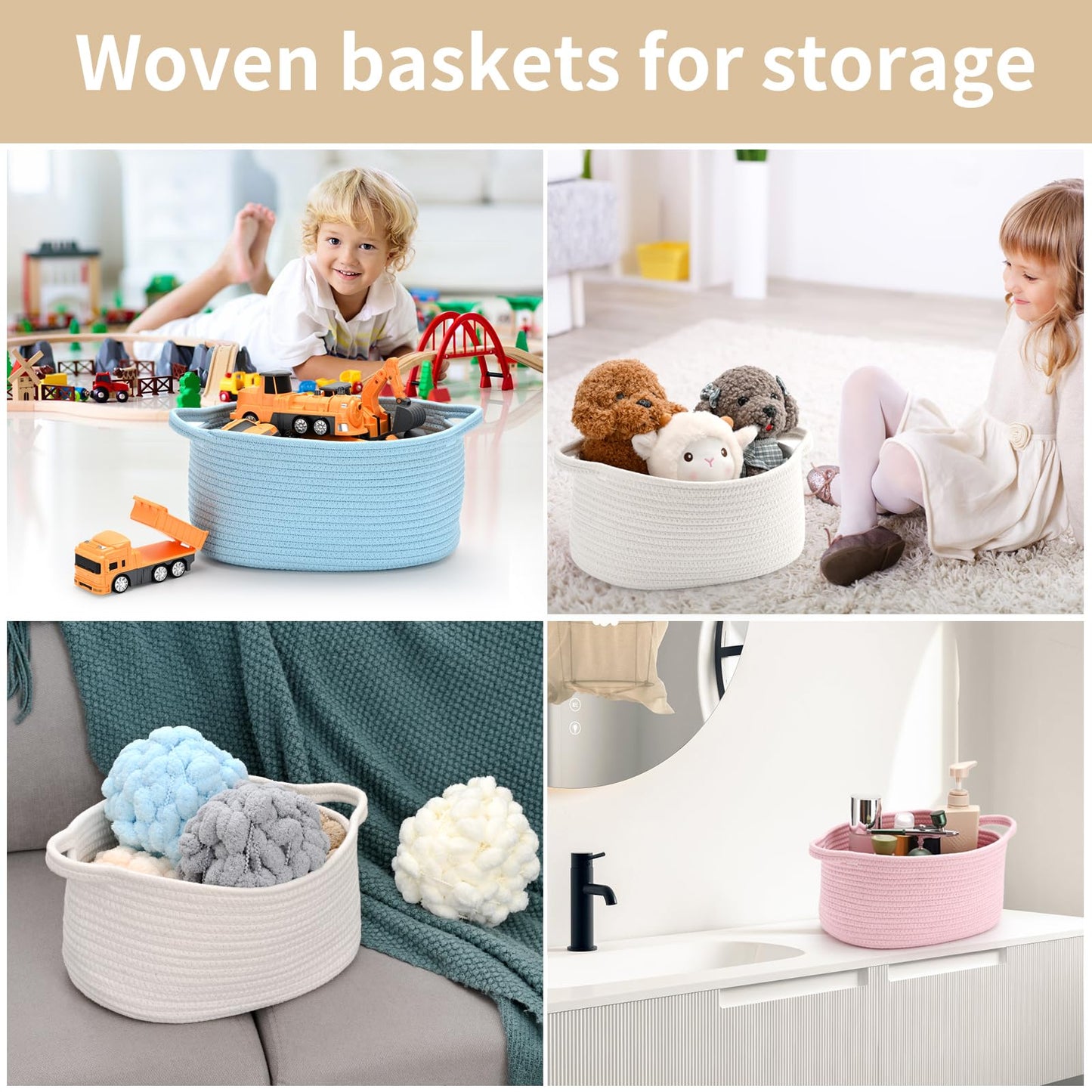 Happyiren Cute Woven Cotton Rope Basket with Handle Empty Decorative Gift Basket for Baby Shower, Graduation, Mother's Day, Nursery Storage 13" Dia x 6" H