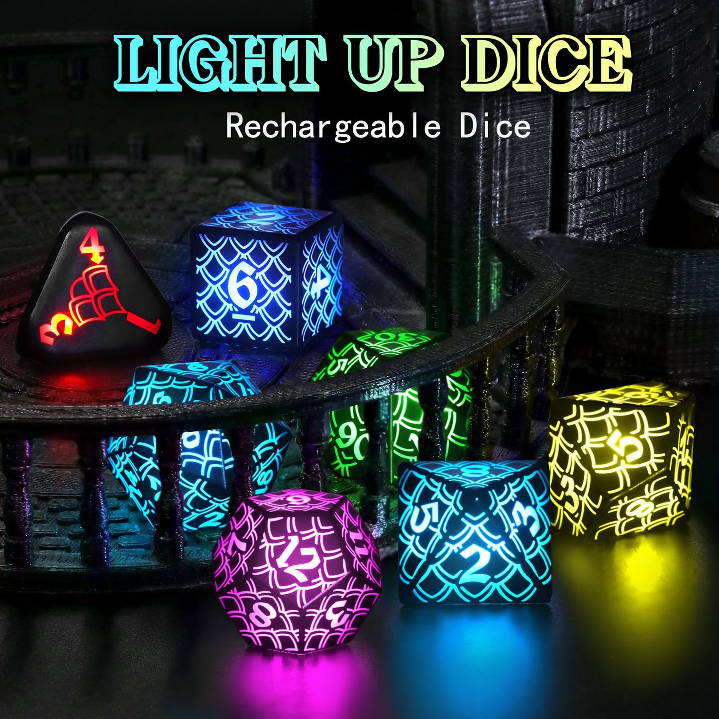 LED DND Dice Set Rechargeable, Cool Light up Dice Wireless Charging for Dungeons and Dragons, ZHOORQI Polyhedral Dice Role Playing Gifts(RGB-Dragon Scale)