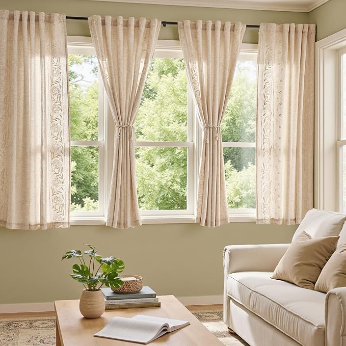 jinchan Winslow Lined Linen Curtains for Bedroom 63 Inches Linen Blended Embroidered Bordered Floral Curtains for Living Room Farmhouse Decor Window Treatments Ivory on Beige Drapes 2 Panels