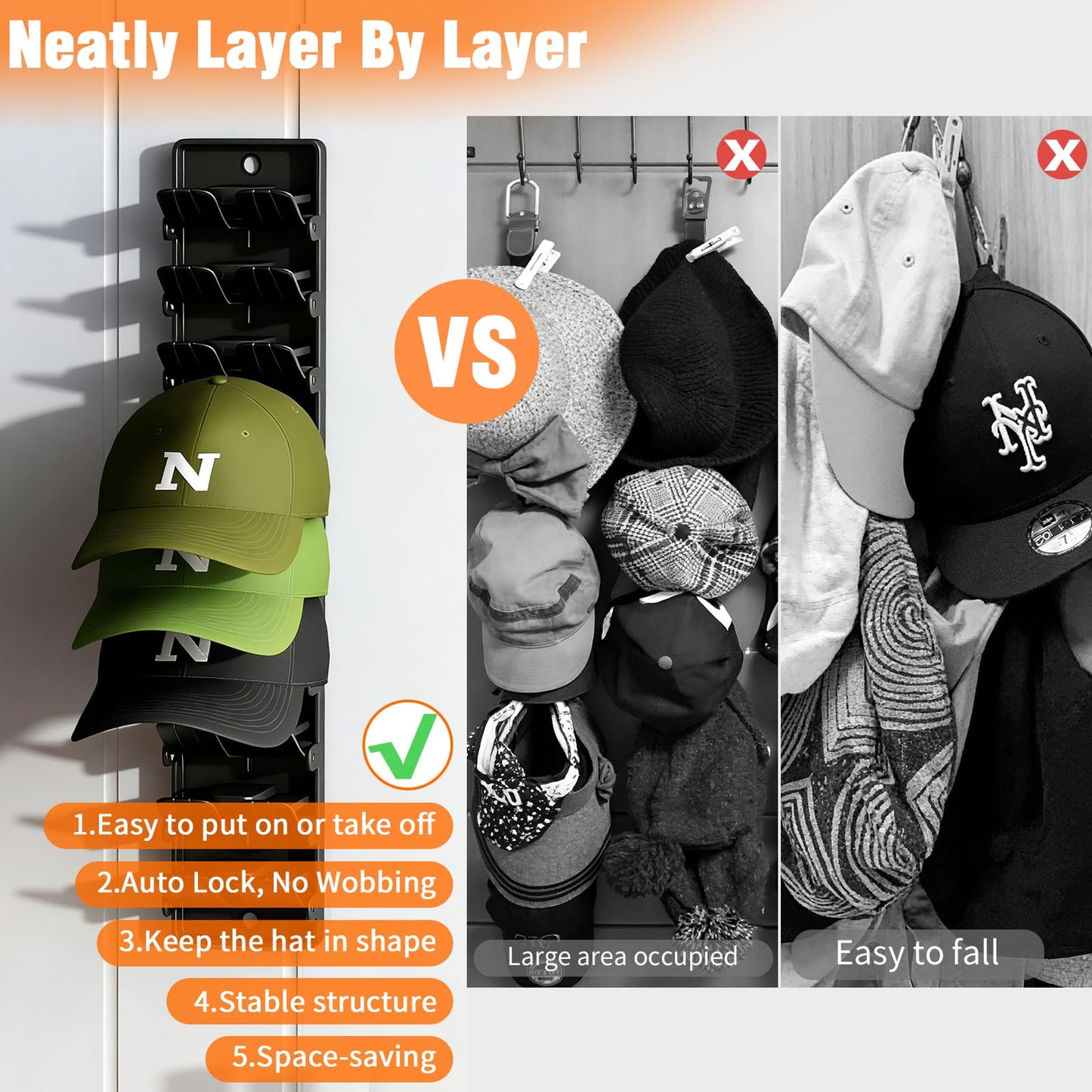 Dazioter Hat Organizer for Baseball Caps, 2 Pack Wall Mount Hat Rack with Spring Clips, Holds 20 Caps, Black Hat Holder for Closet Door