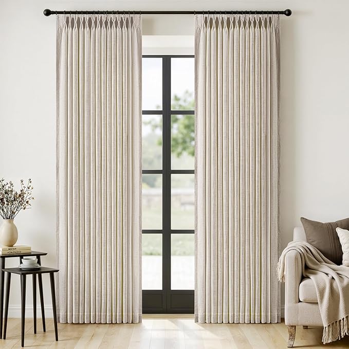 MIULEE Pinch Pleated Thick Linen Curtains 90 Inches Long 2 Panels for Living Room Bedroom, Memory Trained Drapes Pinch Pleat Back Tab Semi Sheer Privacy Neutral Ivory Cream Farmhouse Window Curtains