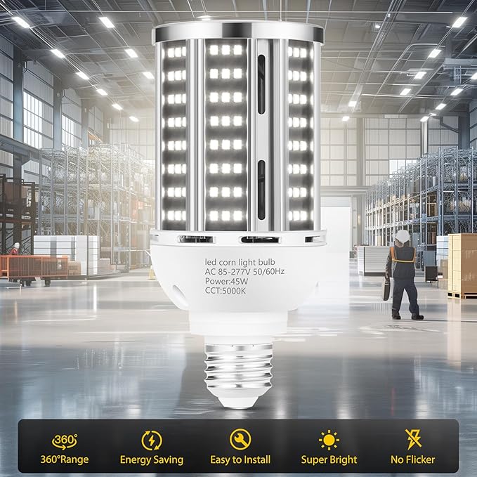 45W LED Corn Light Bulb 2 pack,400W Equivalent 5000K Commercial Grade Daylight E26/E39 6000LM Medium Mogul Base LED Lamp,Large Area Lights For Outdoor Indoor Garage Warehouse street Factory Bay Light