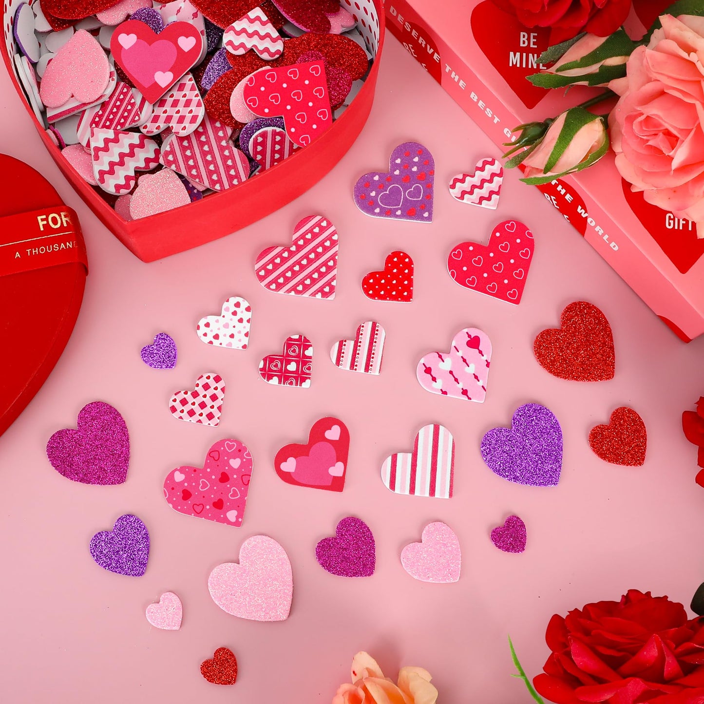 500 PCS Valentines Stickers, Self-Adhesive Foam Heart Stickers for Craft Lovers, 3 Sizes Glitter Polka Dots Stripe Valentines Decor, Bulk Valentine Crafts Red Pink DIY Decor for Frames Presents Cards