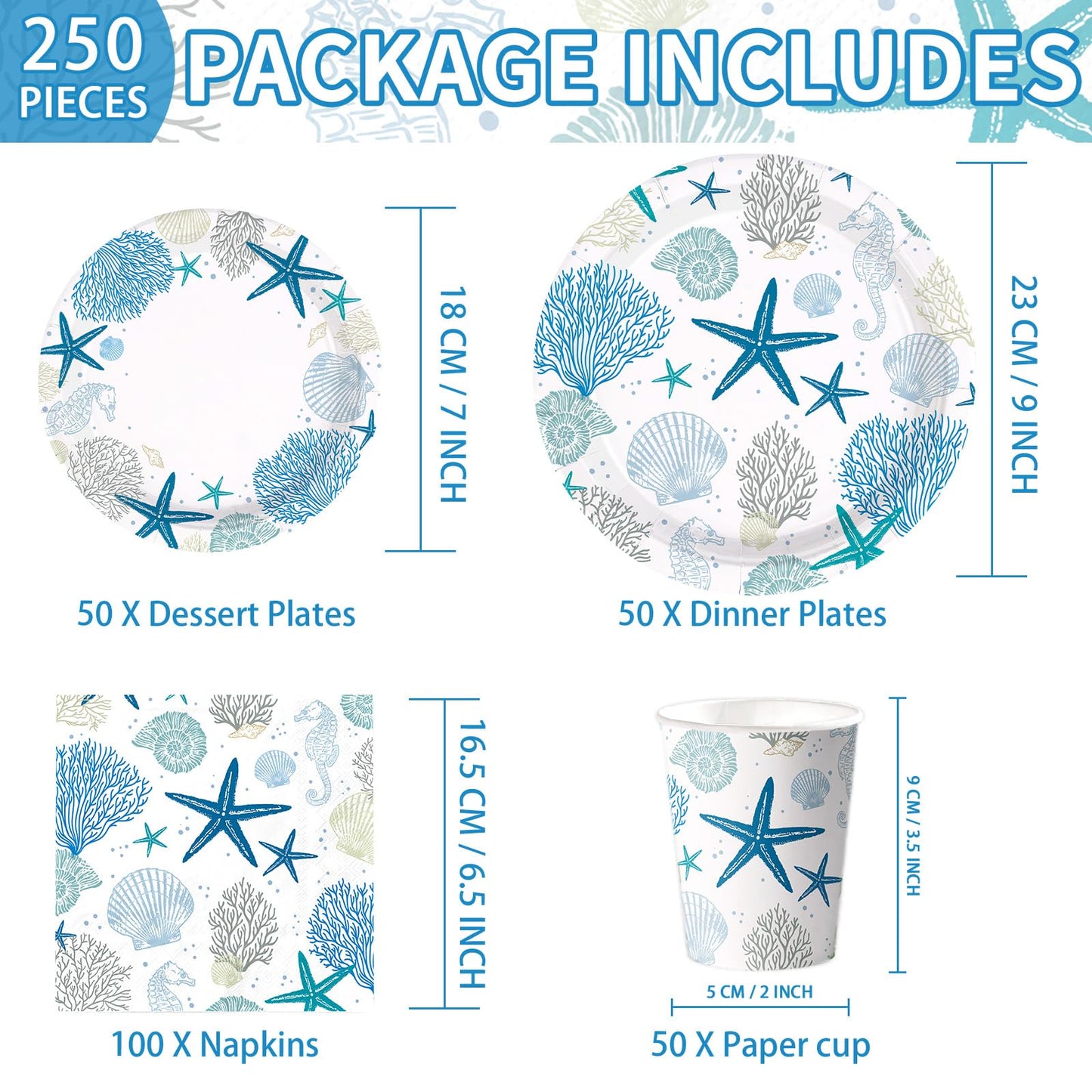 Greencian 250Pcs Ocean Coastal Party Decorations Blue Seashell Starfish Coral Plates Napkins Cups Beach Ocean Sea Tableware Set for Summer Beach Holiday Birthday Dinner Party Supplies Serves 50