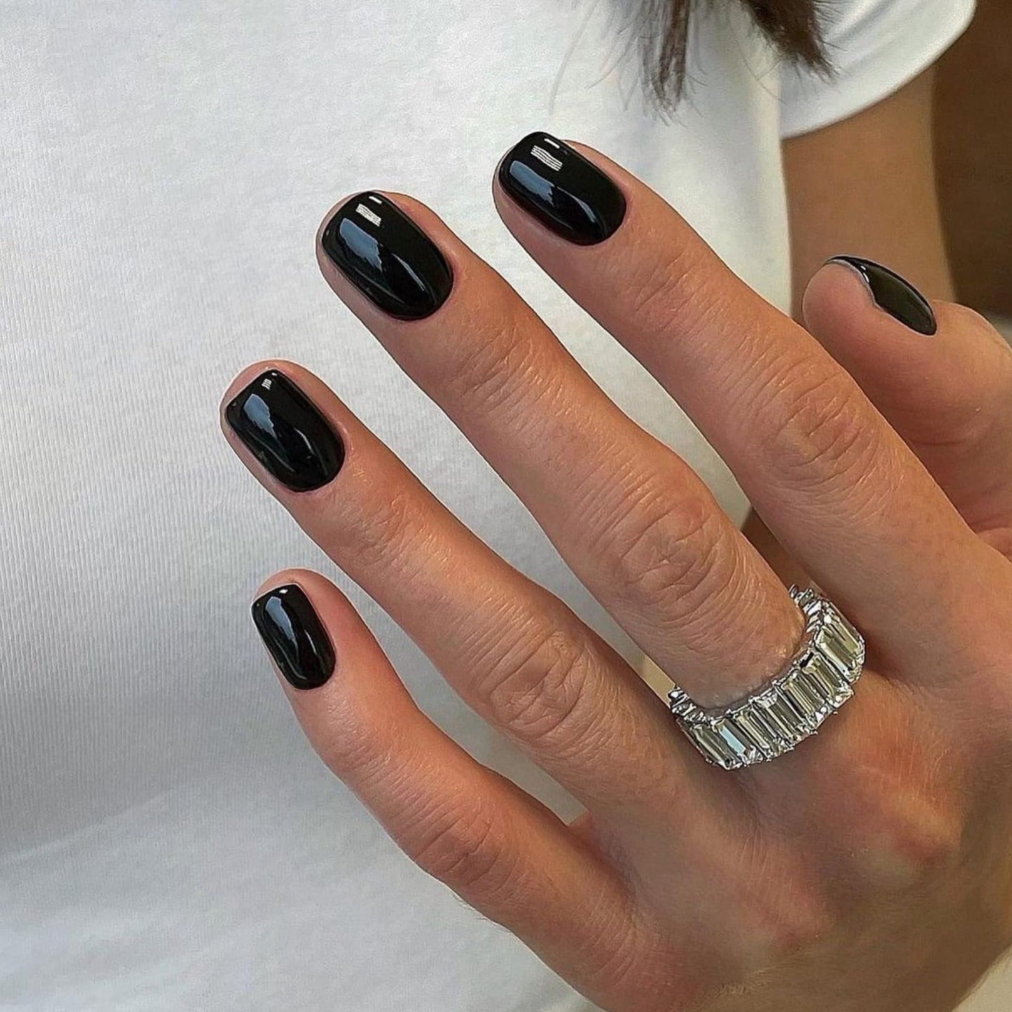 Black Press on Nails Short Square, Fake Glue on Soft Gel Stick on Nails for Women, Thick Reusable Solid Color Acrylic 24pcs