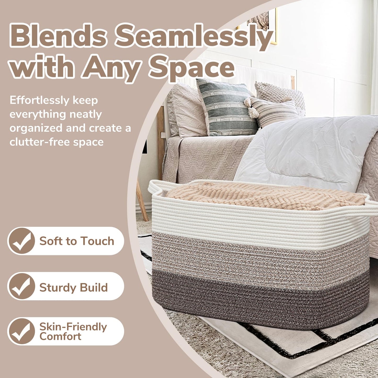 Goodpick Large Woven Storage Basket, 21.6"x14.9"x11.8", Blanket Storage for Bedroom and Living Room, Rectangle Rope Baskets for Storage, White Brown