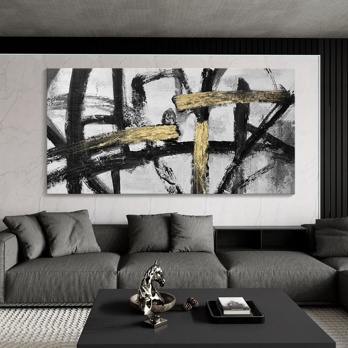 Abstract Living Room Wall Art - Large Black and White Gold Abstract Lines Bedroom Wall Decor Ink Dancing Canvas Prints Paintings for Dining Room Office Room Home Decor 29x58IN