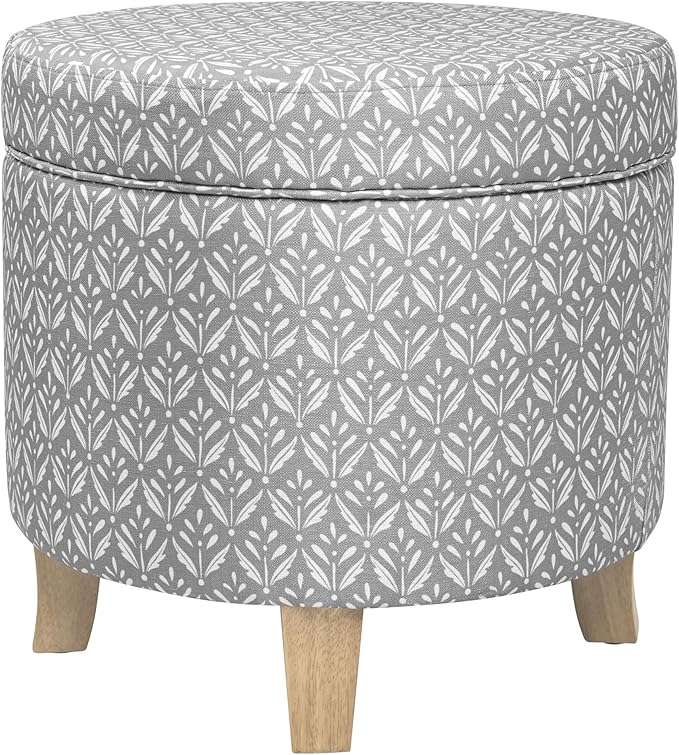 HomePop Upholstered Round Storage Ottoman Home Décor|Upholstered Round Foot Rest Ottoman - Light Grey Print Large