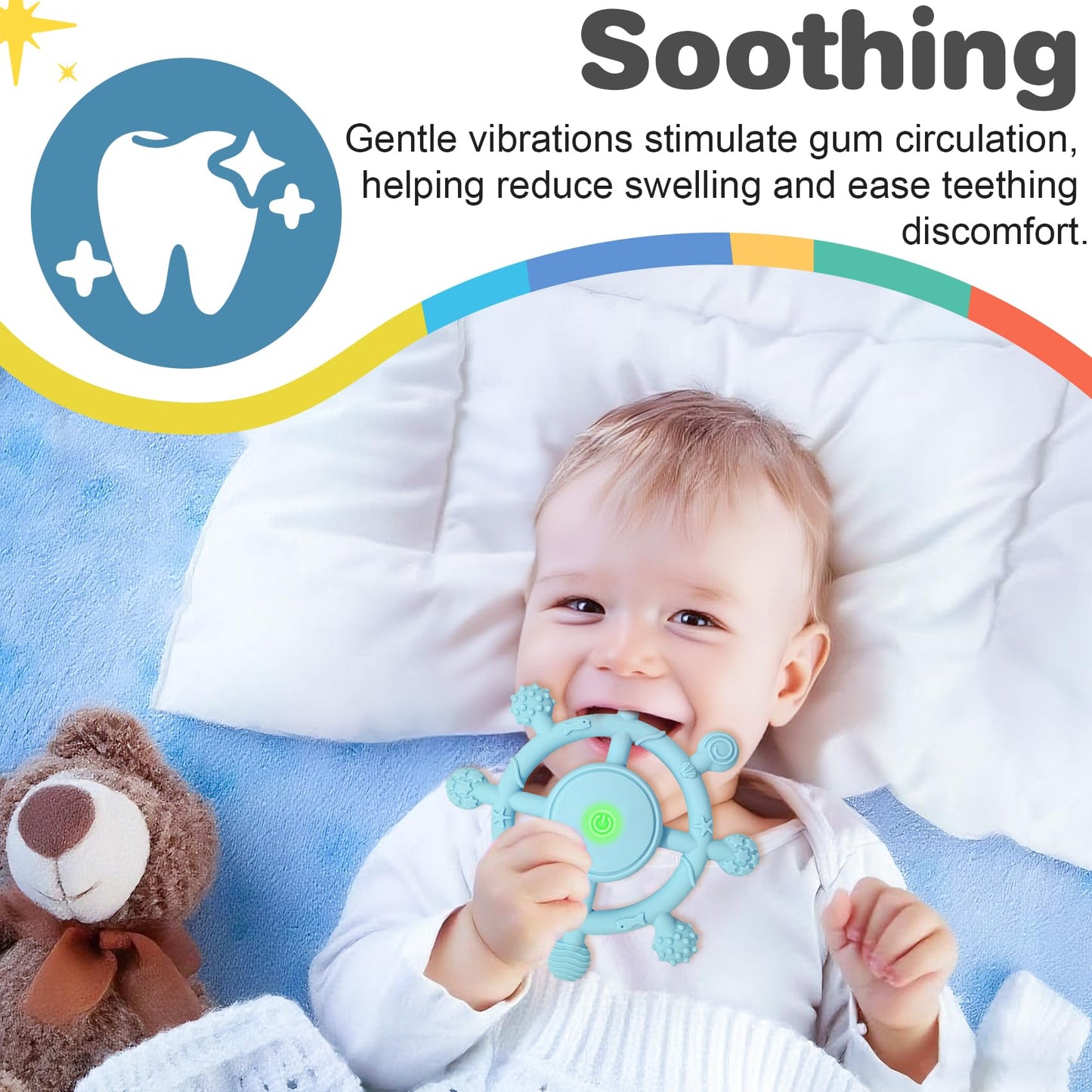 YOFUN 3-Speed Vibrating Baby Teether – Soothing Silicone Teething Toy for Infants 3M+, Food-Grade, USB Rechargeable – Soft & Safe Gum Relief for Babies (Blue)