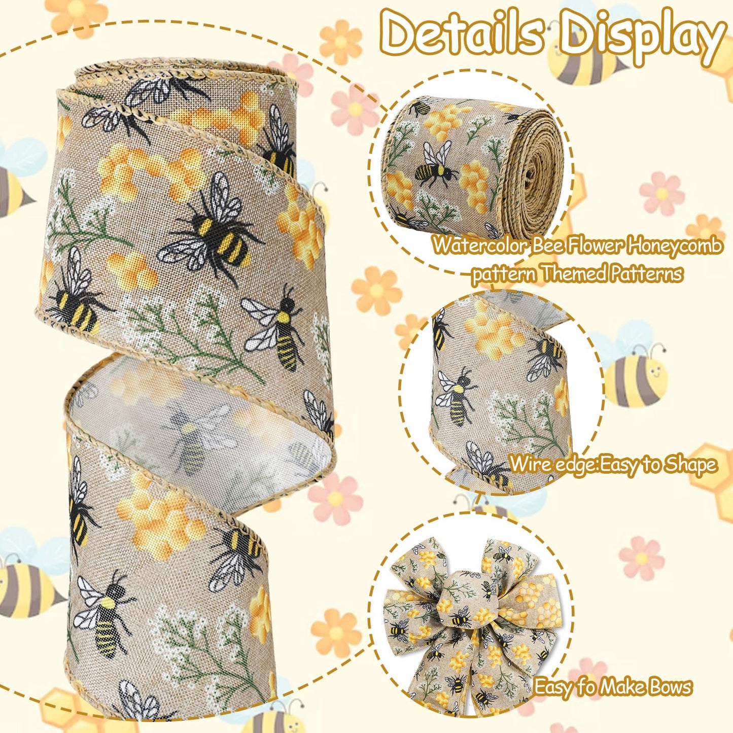 JarThenaAMCS 2 Rolls Bee Wired Edge Ribbons Craft Ribbon 2.5 in 20 Yards Bumble Bee Honeycomb Fabric Wrapping Ribbon for Bow Wreath Summer Party Home Decor