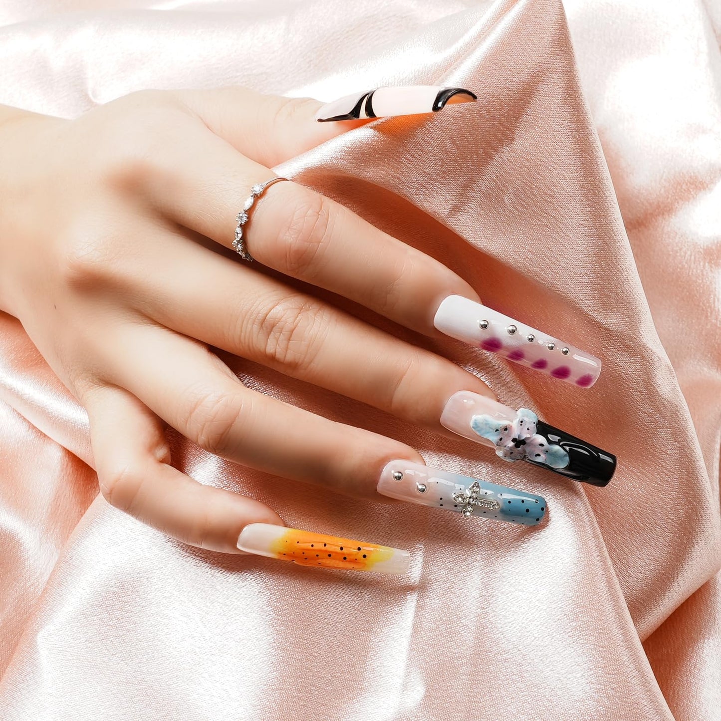Tesytto Luxury Handmade Press on Nails - Long Square French Tips Press on Nail with 3D Flowers & Rhinestones Cross Design，Multi-Layer Gel False Nails for Women (Ice Crystal Water Lily,M)