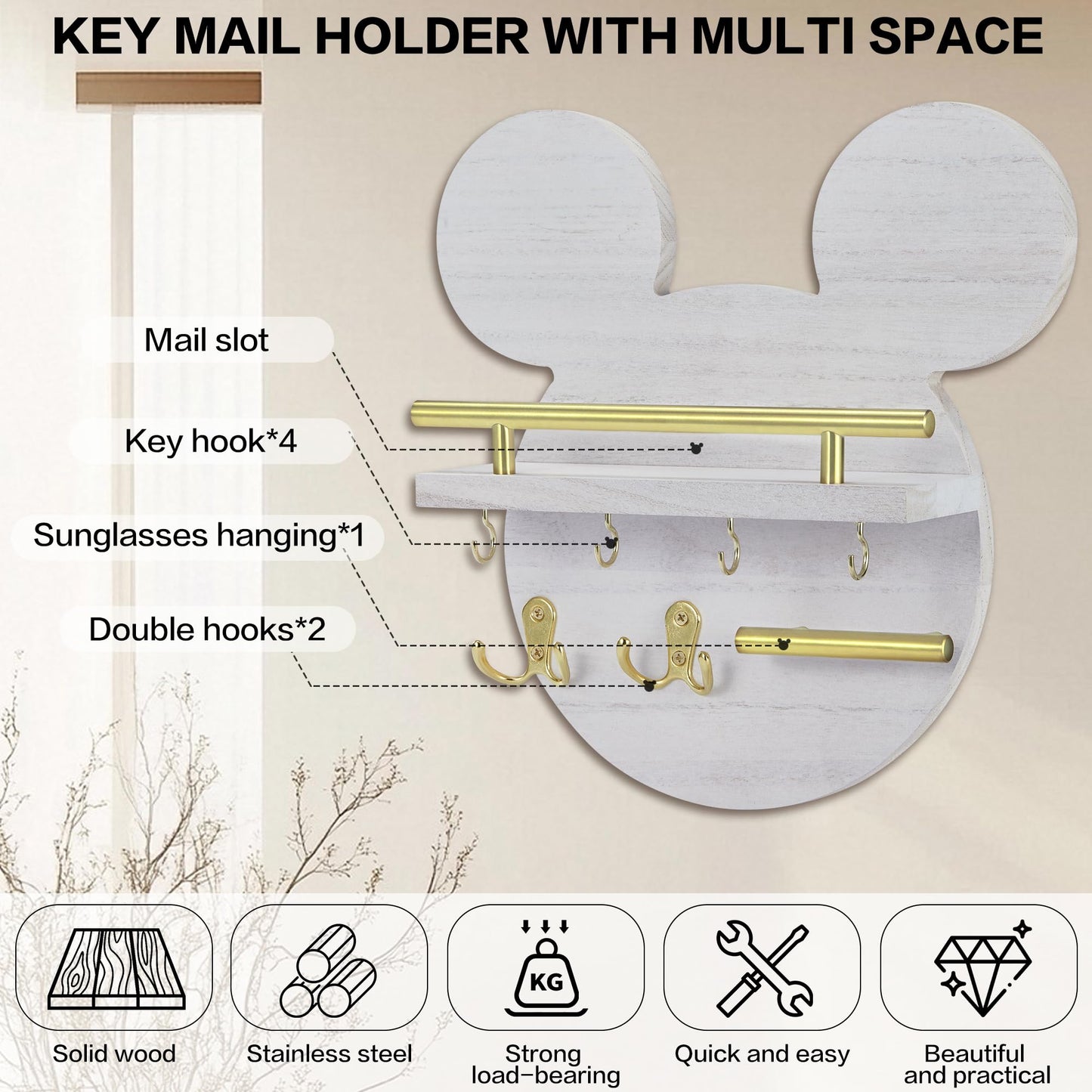 AIRPOP Key Holder for Wall–Mouse Wooden Mail Organizer Wall Mount with Shelf and 6 Hooks, Easy Installation Key Rack Hanger for Entryway Living Room Home Decor(White)