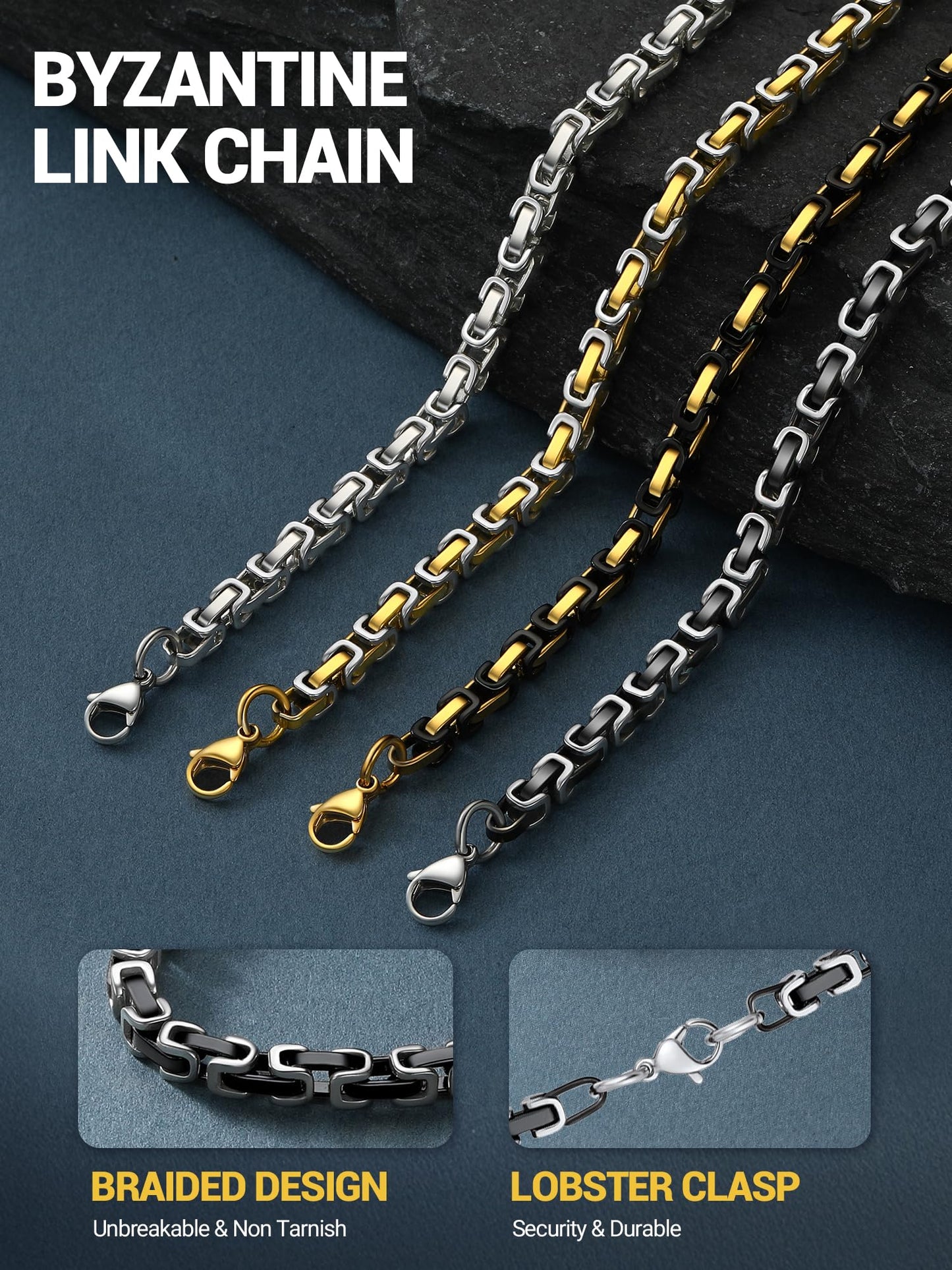 PROSTEEL Byzantine Link Chain Men Stainless Steel Black Necklace Mens Jewelry Long Chains
