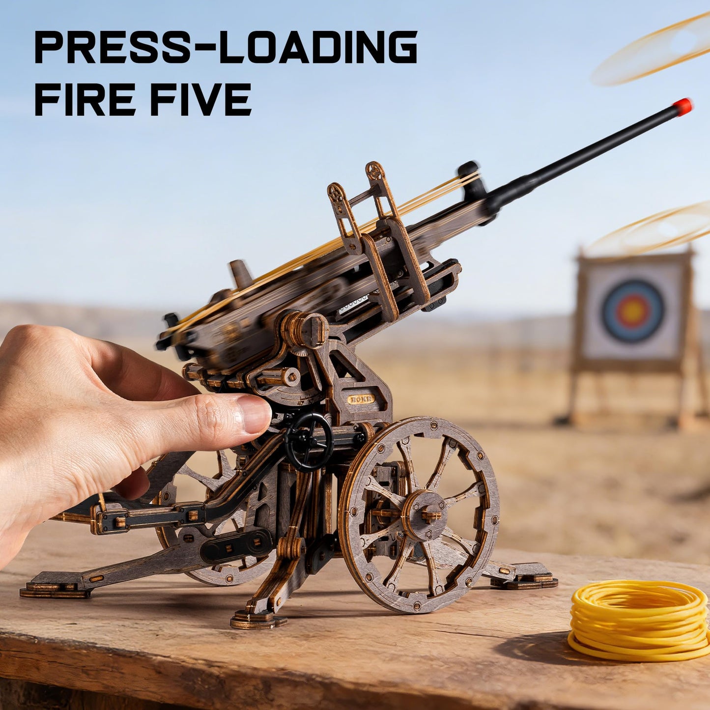 ROKR Anti-Aircraft Gun 3D Wood Puzzle for Adults - Mechanical Rubber Band Shooting Model Kit, DIY Building Set for Teens and Hobbyists, Desktop Decor