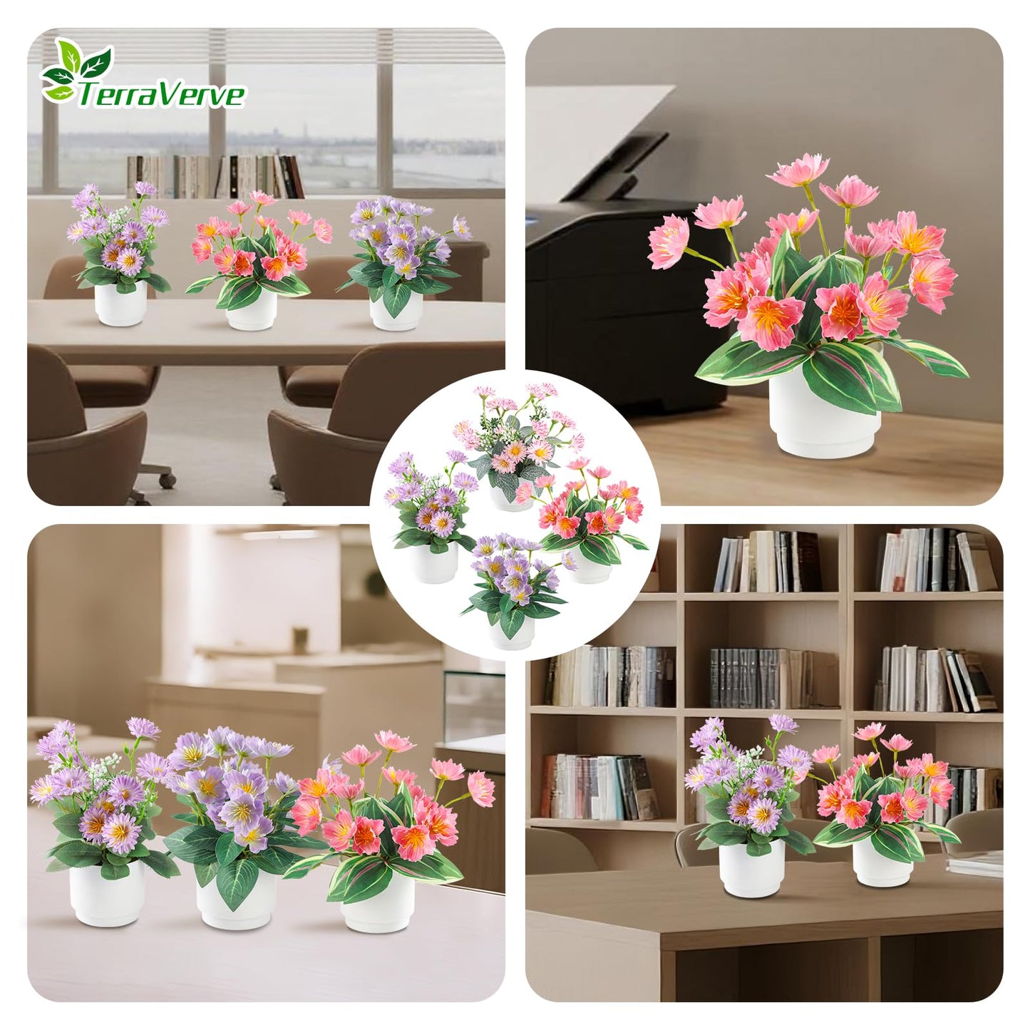 TerraVerve Boho Style 4-Piece Silk Flower Arrangement | Realistic Artificial Plants with Vase | Daisy & Lily Pots | No Maintenance Required