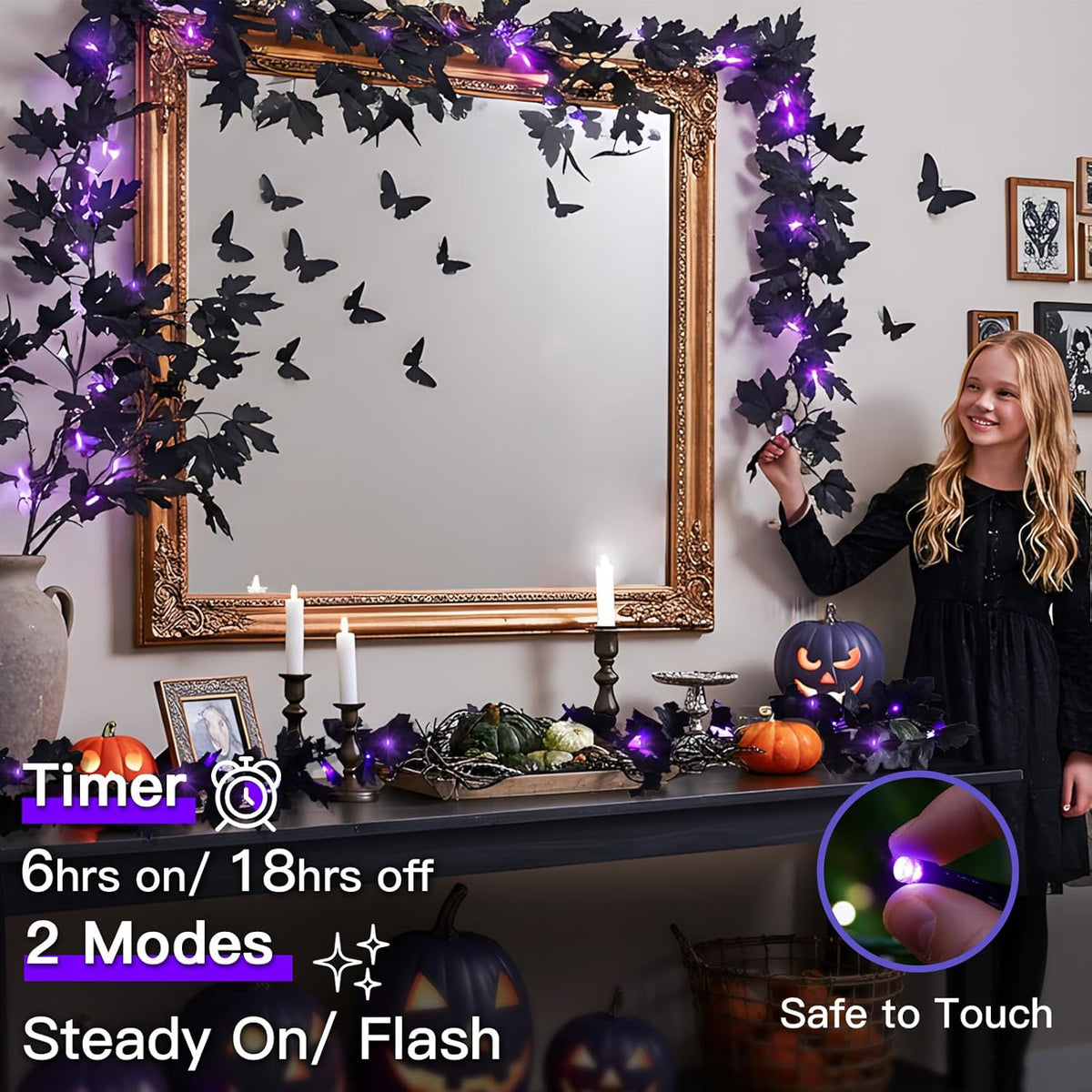 suddus 20 LED Halloween String Lights Battery Operated with Black Maple Leaves 6.5 ft Halloween Garland Decor for Yard, Porch, Table, Wall, Party, Indoor and Outdoor Decorations
