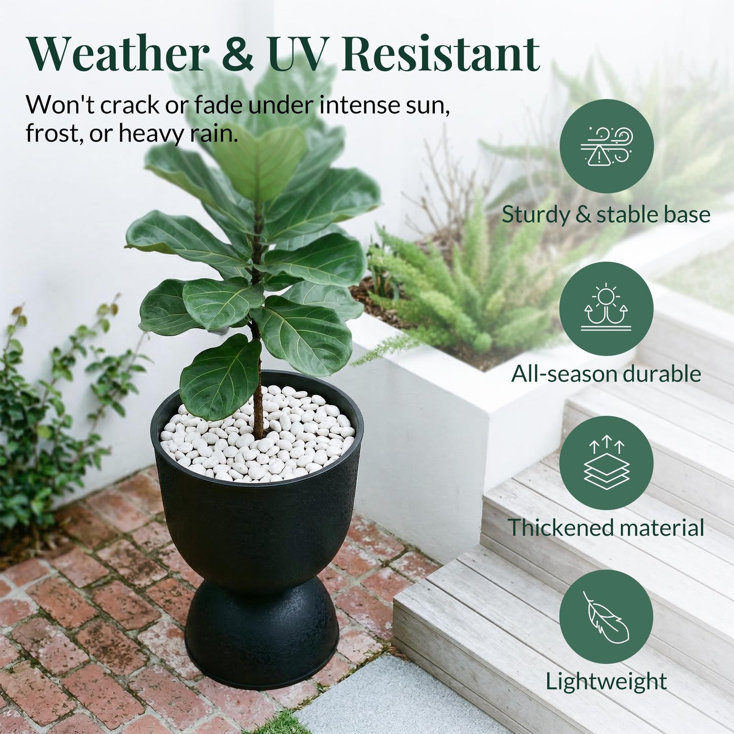 KOL Planters Flower Pots, Large Plastic Urn Planters for Indoor Outdoor Plants, Black Pedestal Planter Pots, 23 Inch Tall Decorative Planters with Drainage Holes & Plugs for Patio Garden, 1 Pack