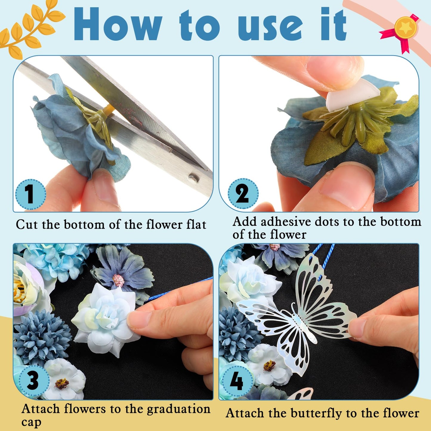 Canlierr 32 Pcs DIY Graduation Cap Decorations Accessory Kit Include Faux Flower Heads 3D Butterfly Grad Cap Decorations(Blue Tone)