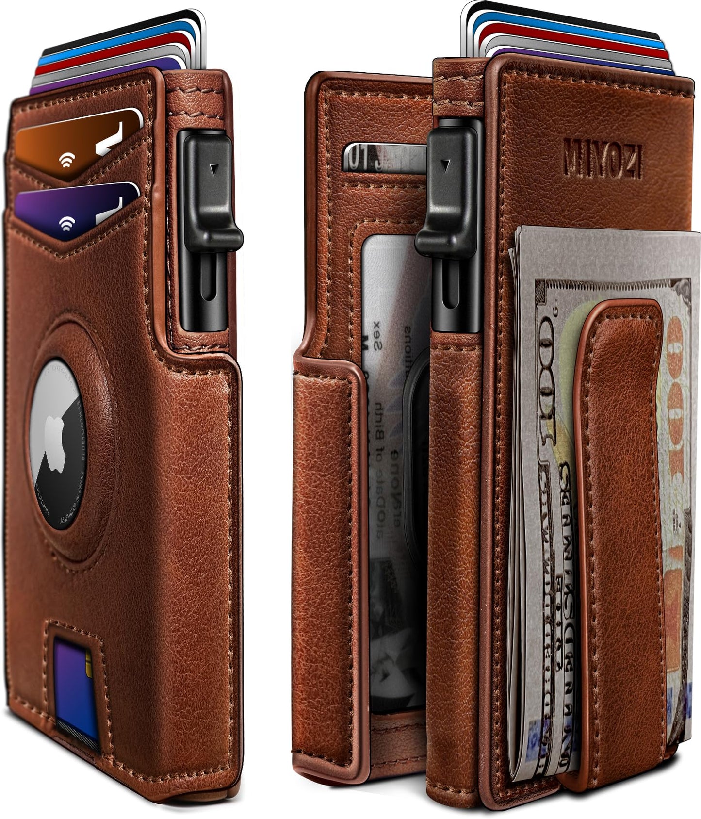 miyozi Airtag Wallet for Men,with Money Clip 10 Cards Metal Case Smart Slim Pop Up Credit Card Holder Flip with Magnetic Closure RFID Blocking wallet with Gift Box