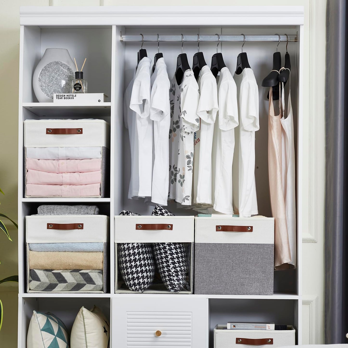 Bagnizer Storage Cubes, 4 Pack Linen Foldable Storage Bins (13 x 13 inch) with Clear Window and 2 Handles, Closet Organizers and Storage for Shelf Closet, Clothes, Books - (Gray and White)