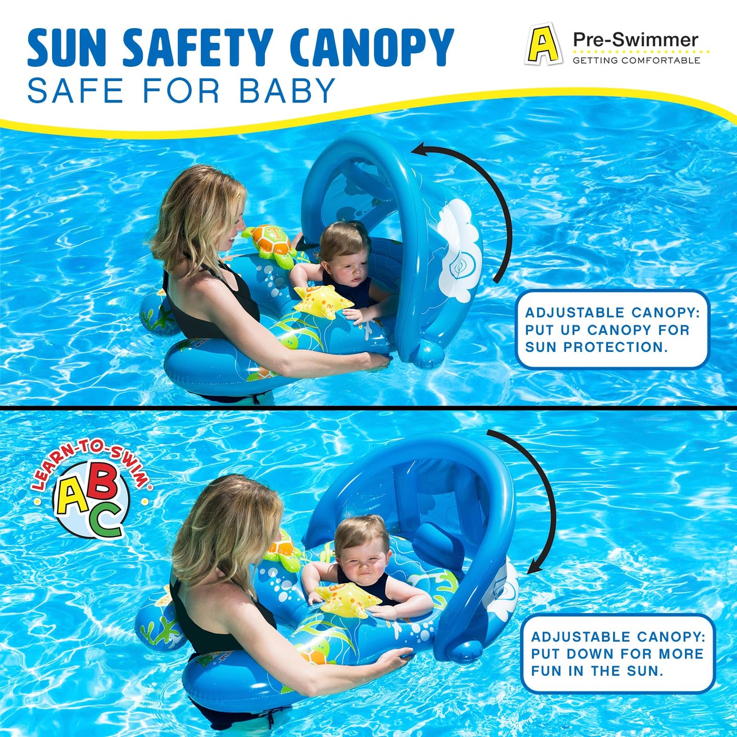 Poolmaster Mommy & Me Baby Pool Float with Sun Shade, Infant and Toddler Swim Float for Ages 8–24 Months, Dual Ring Shared Swim Design with Drop Seat for Comfort and Safety