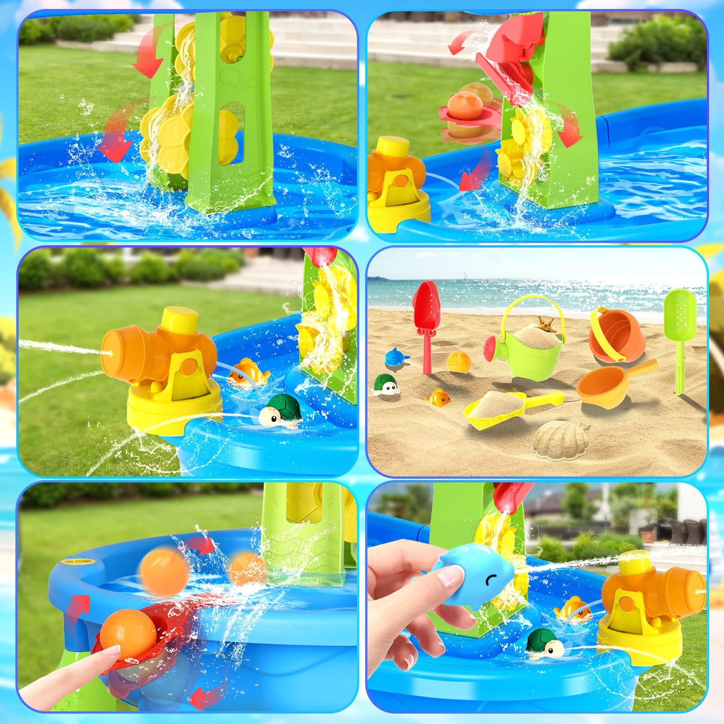 Water Table for Toddlers 3-5, 3-Tier Auto Water-Absorbing Kids Sand Water Table with Water Pump & Umbrella Splash Pond Toy, Activity Sensory Play Table Toys for Outdoor Pool Beach Backyard Summer