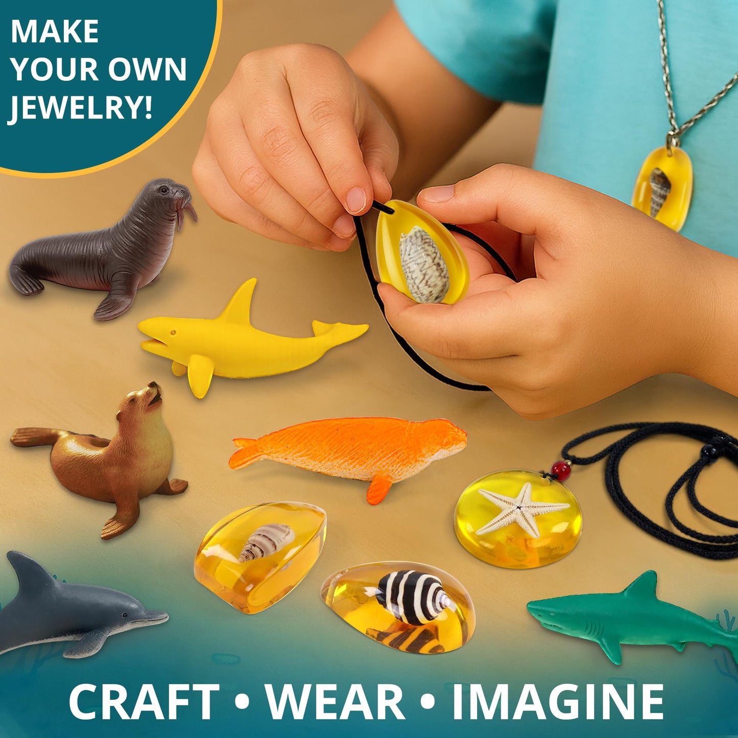 PIBEX Under-The-Sea Dig Kit – Dig & Discover 18 Real Shell Fossils, Amber Jewelry & Sea Animal Creatures – Ocean Necklace Making & STEM Excavation Activity Toy for Kids Ages 6+