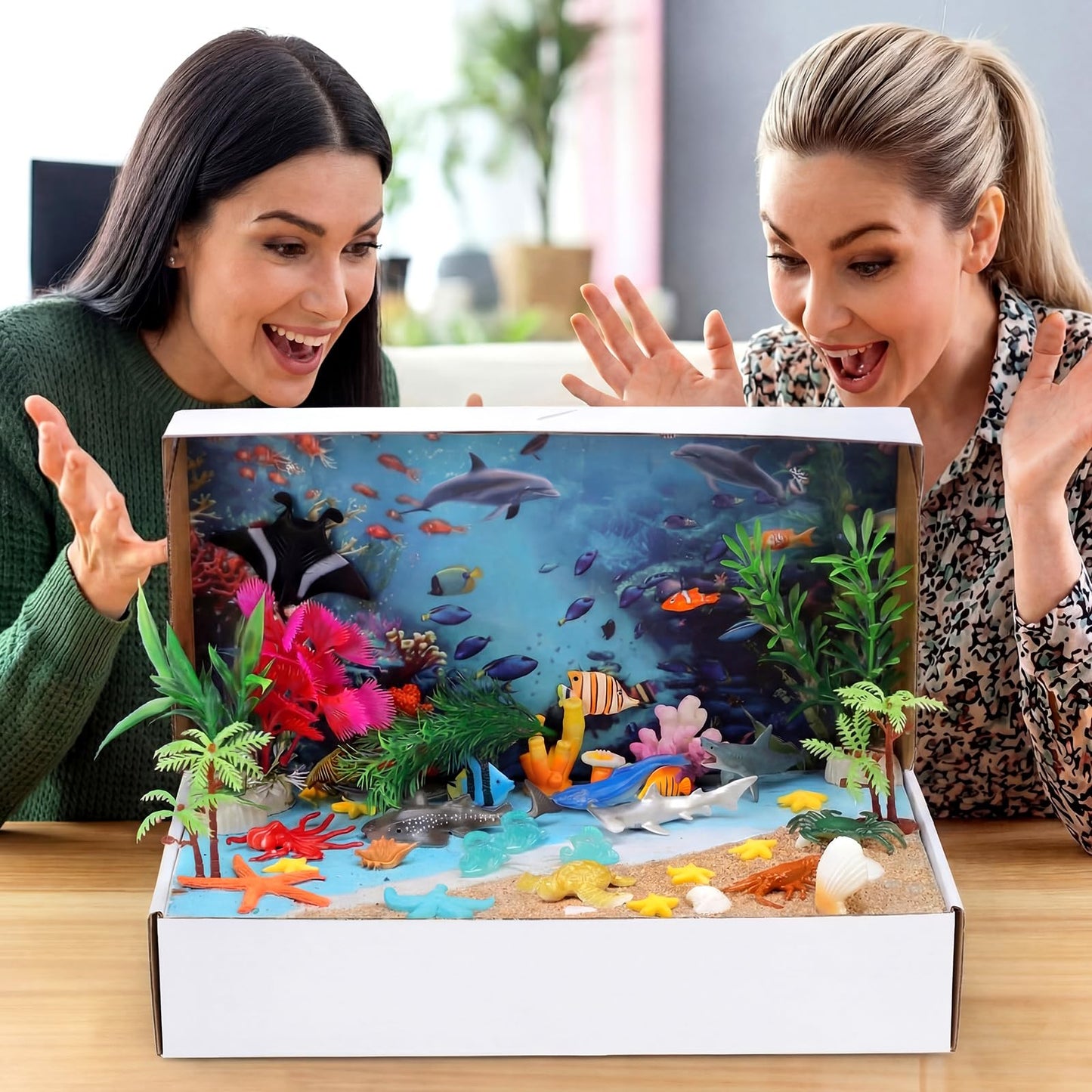 Teyva Daily 60 Pcs Ocean Diorama Kit Habitat Project Box Set 3D Ocean Diorama Supplies Include Under The Sea Animals Figures Artificial Coral Seagrass with Cardboard for DIY Crafts Gifts