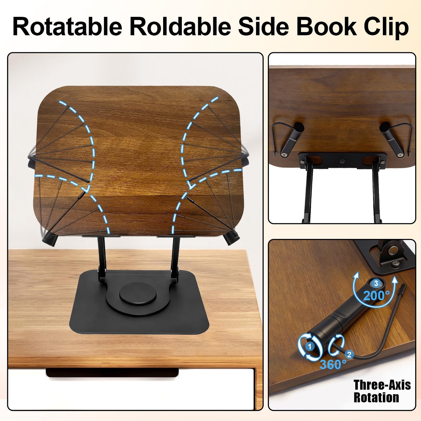 Diesisa Book Stand for Reading: Wooden Book Holder with 360° Rotating Metal Base - Adjustable Book Holder Stand with Elastic Clips for Cookbook, Recipe, Magazine, Laptop,Tablet, for Kitchen, Office