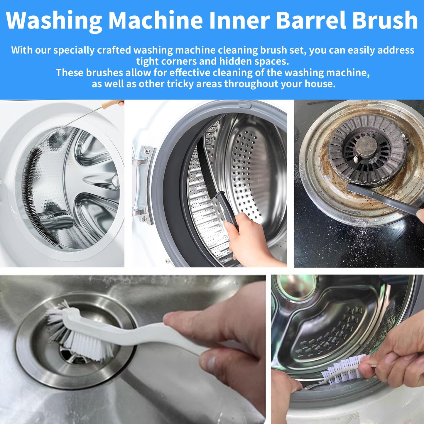 Washing Machine Cleaning Brush Set, Front Load Washer Machine Cleaner Accessories, Drum Laundry Cleaner Brush Household Cleaning Tools for Bathroom, Shower & Kitchen (6 Pcs)