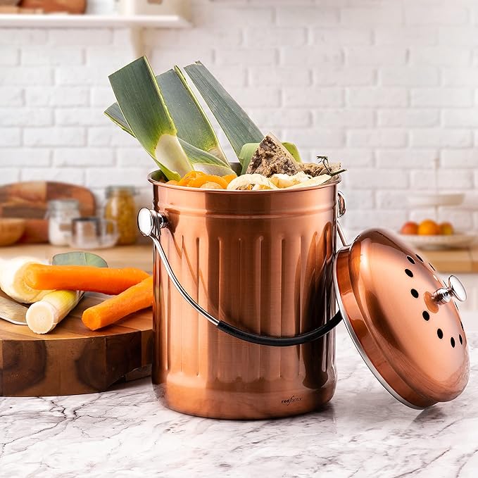 RED FACTOR Premium Compost Bin for Kitchen Countertop - Stainless Steel Food Waste Bucket with Innovative Dual Filter Technology - Includes Spare Filters (Matt Copper, 1.3 Gallon)